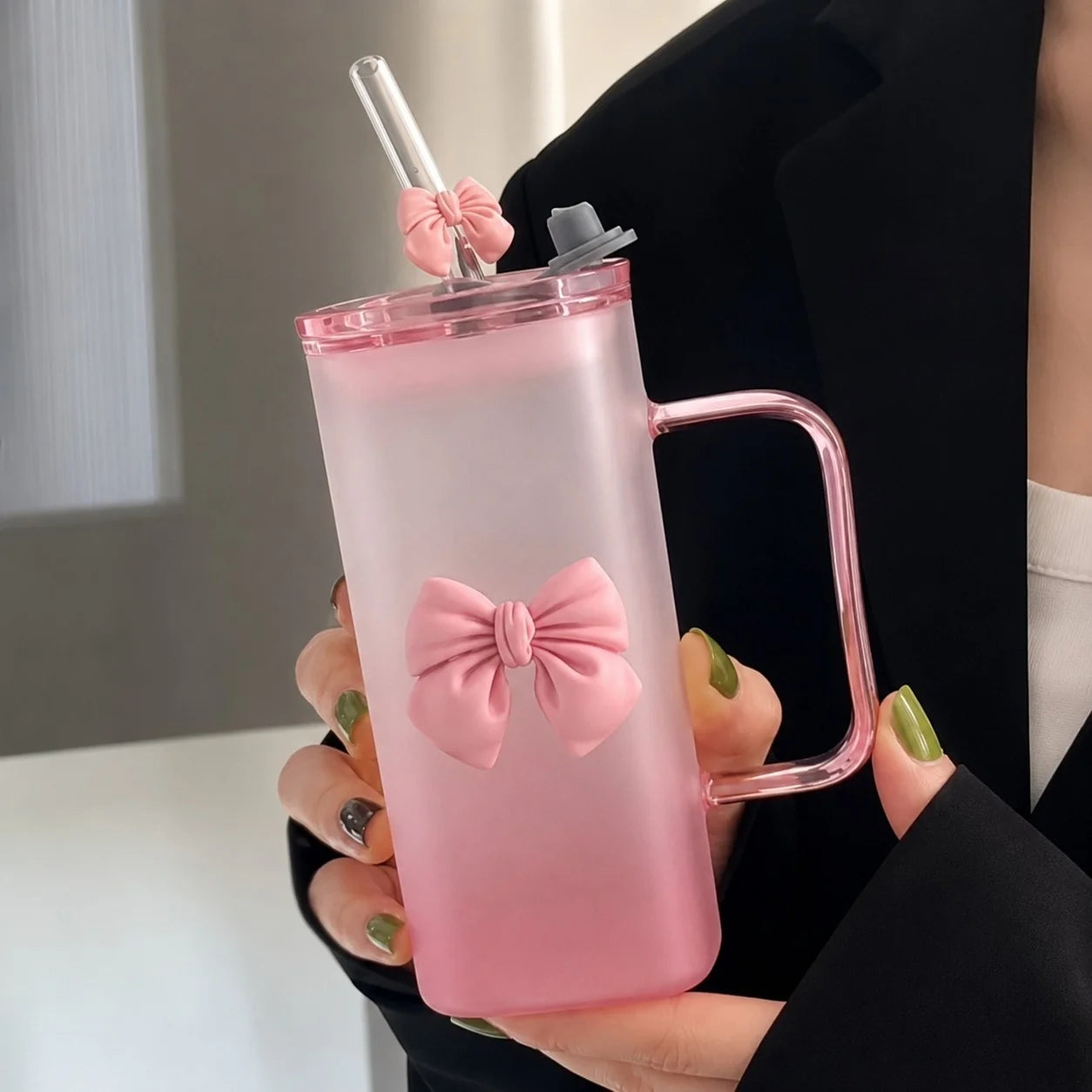 Cute Bow Frosted Glass Coffee Mug 350ml | Aesthetic Milk Tea Cup with Handle