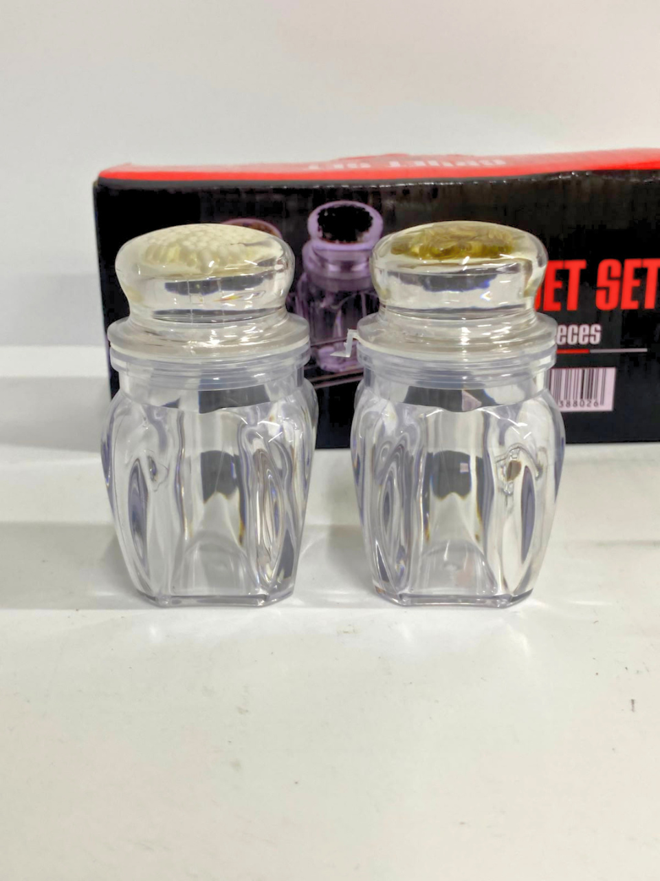 Cruet Set 2 Pcs for Salt and Pepper Mini Acrylic Plastic With Metal Tray