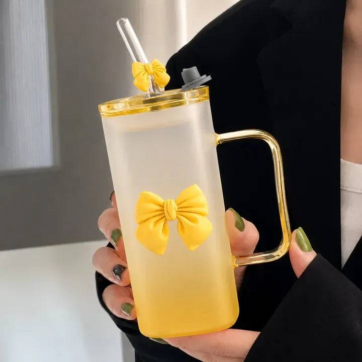 Cute Bow Frosted Glass Coffee Mug 350ml | Aesthetic Milk Tea Cup with Handle