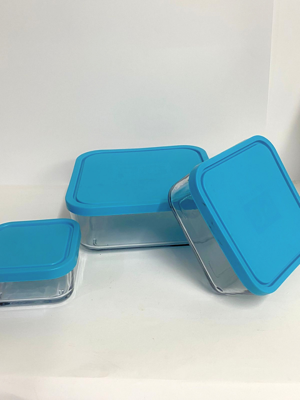 Glass Storage Bowl Set of 3 with Plastic Lid - Transparent Square Shape