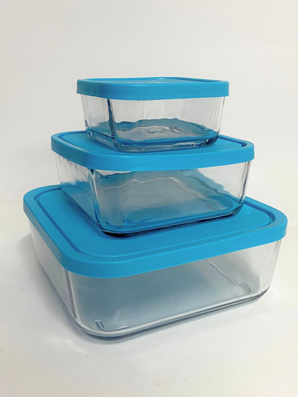 Glass Storage Bowl Set of 3 with Plastic Lid - Transparent Square Shape