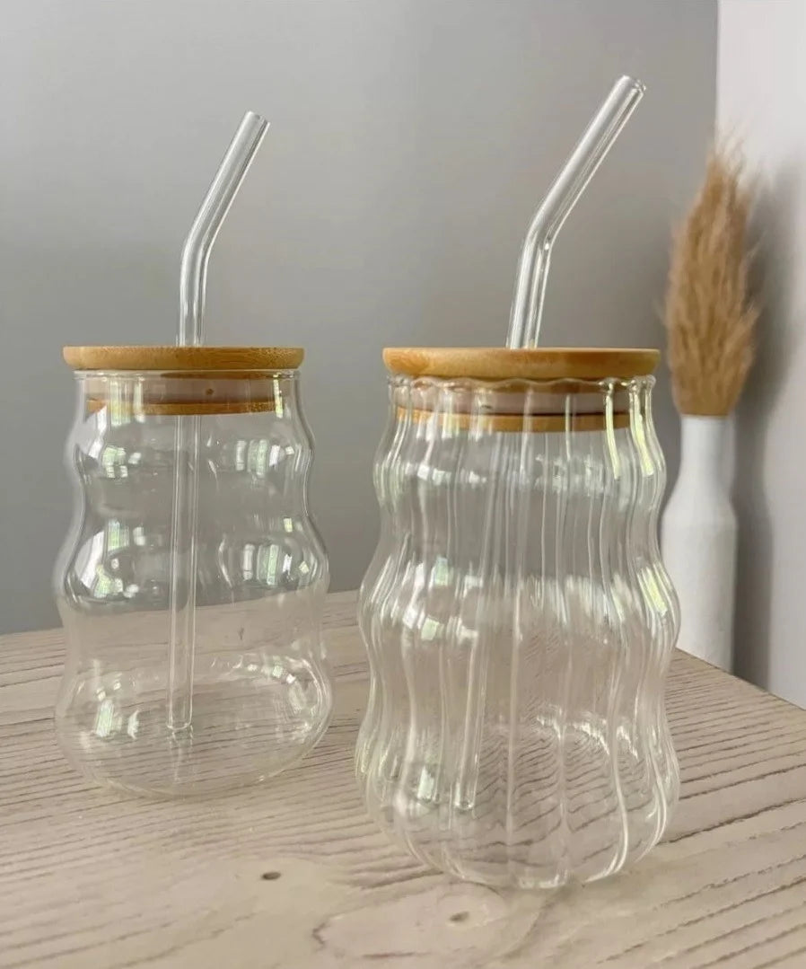 Cute Carve Round Bow Glass Tumbler with Straw & Handle – 400ml sipper
