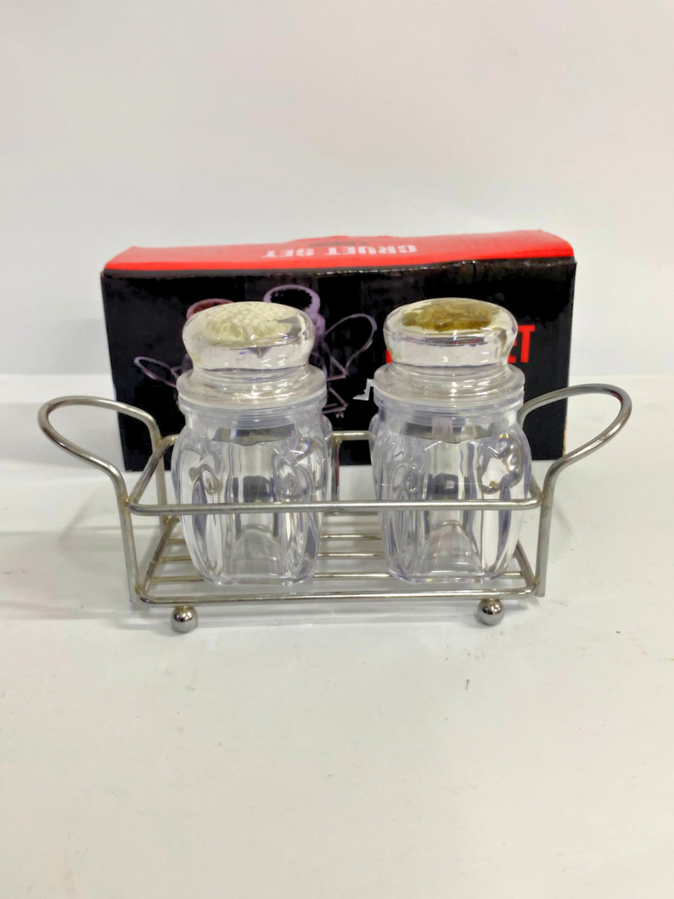 Cruet Set 2 Pcs for Salt and Pepper Mini Acrylic Plastic With Metal Tray