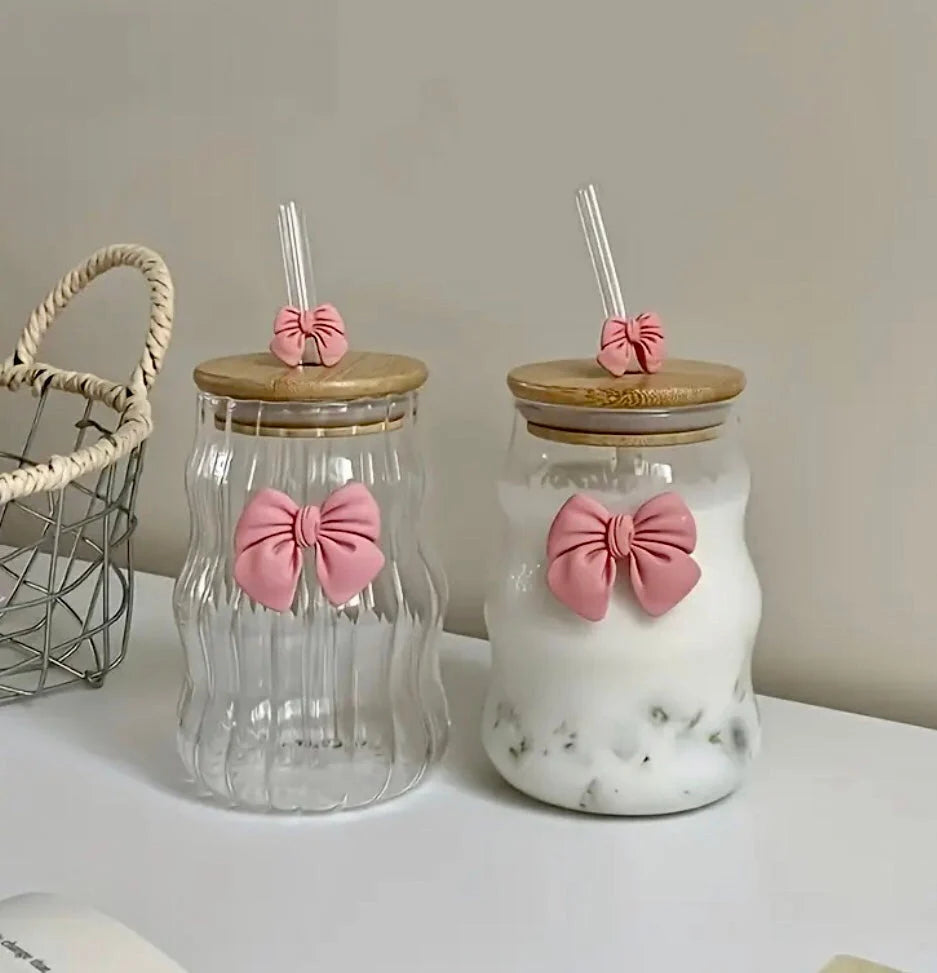 Cute Carve Round Bow Glass Tumbler with Straw & Handle – 400ml sipper