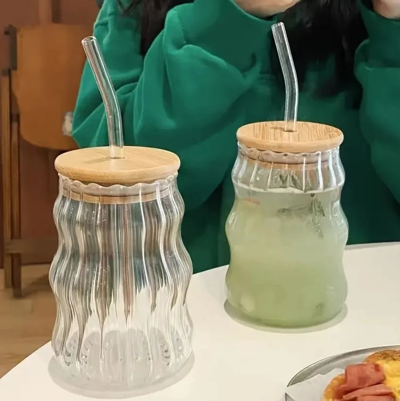 Cute Carve Round Bow Glass Tumbler with Straw & Handle – 400ml sipper