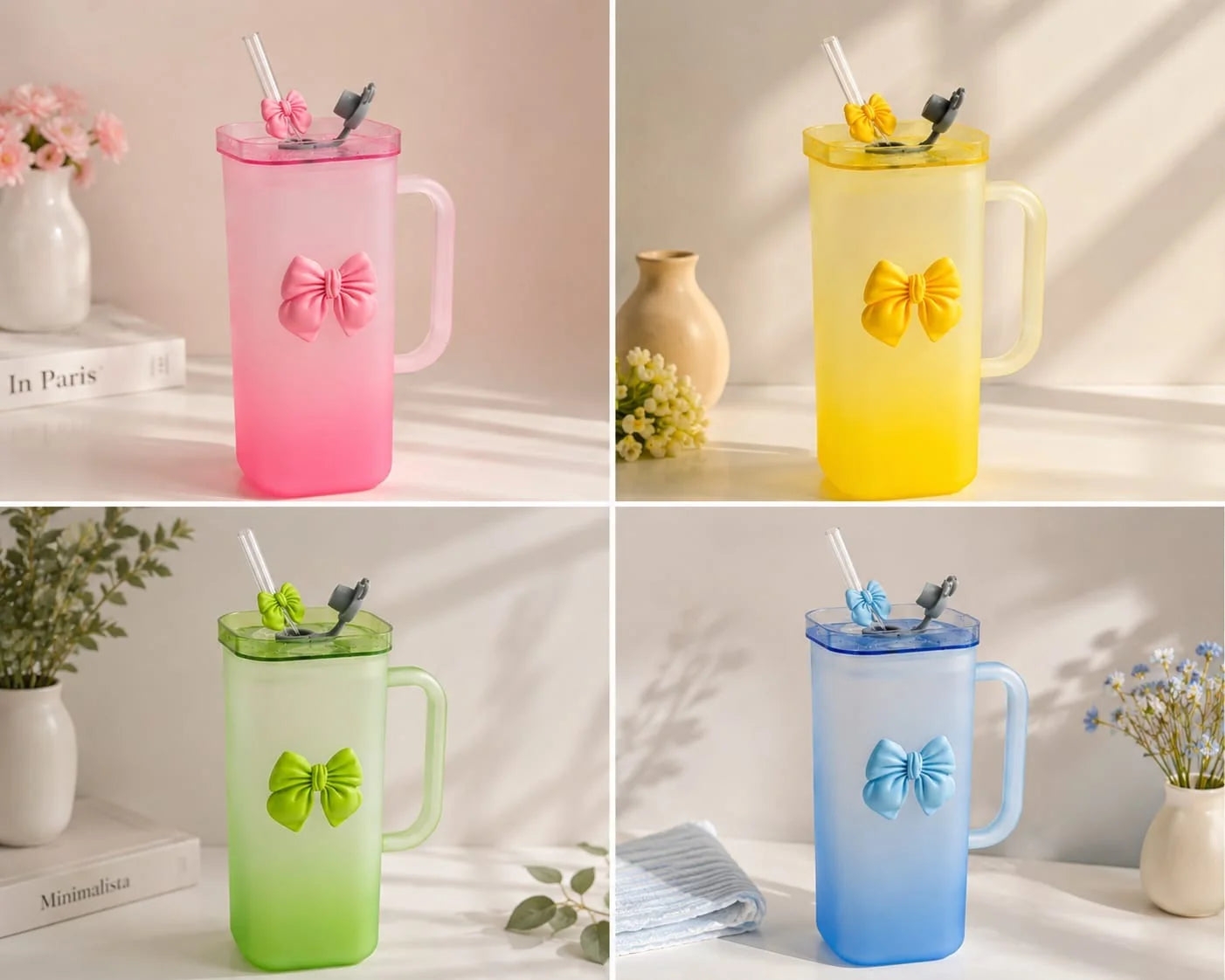 Cute Bow Frosted Glass Coffee Mug 350ml | Aesthetic Milk Tea Cup with Handle