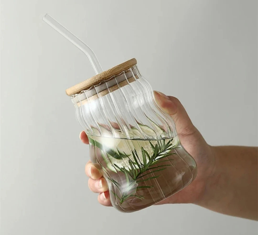 Cute Carve Round Bow Glass Tumbler with Straw & Handle – 400ml sipper