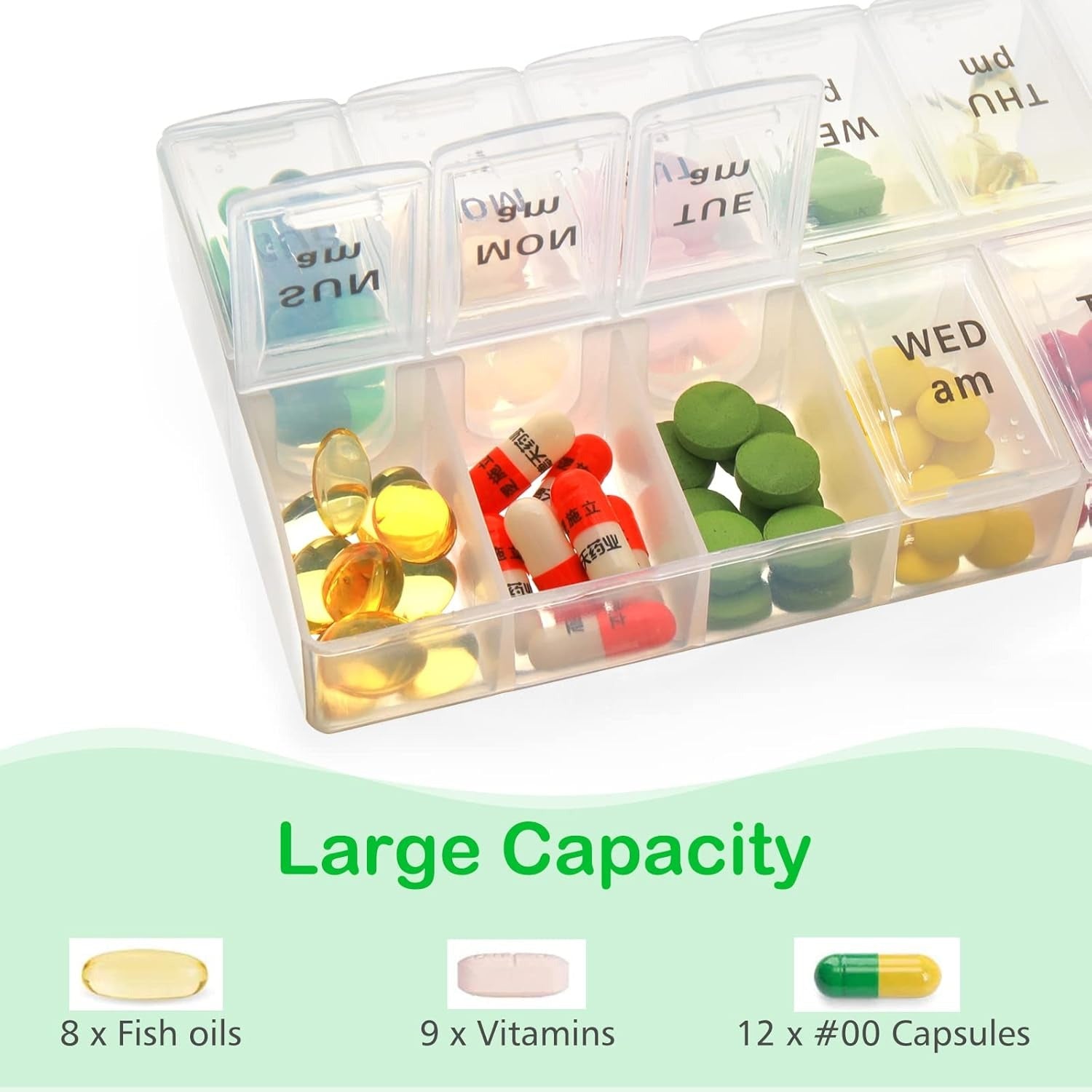 7 Day Weekly Pill Organizer，Large AM PM Pill Case 2 Times a Day，Day Night Pill Box Twice a Day, Daily Medicine Organizer for Vitamin, Pill Container Holder (White)