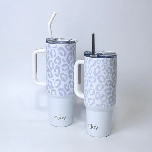 O’jay Arctic Leopard Tumbler – 40oz- 50oz - 1500ml | Stylish Stainless Steel, Leak-Proof, White & Grey Print | 217 / 24hr cold and hot water
