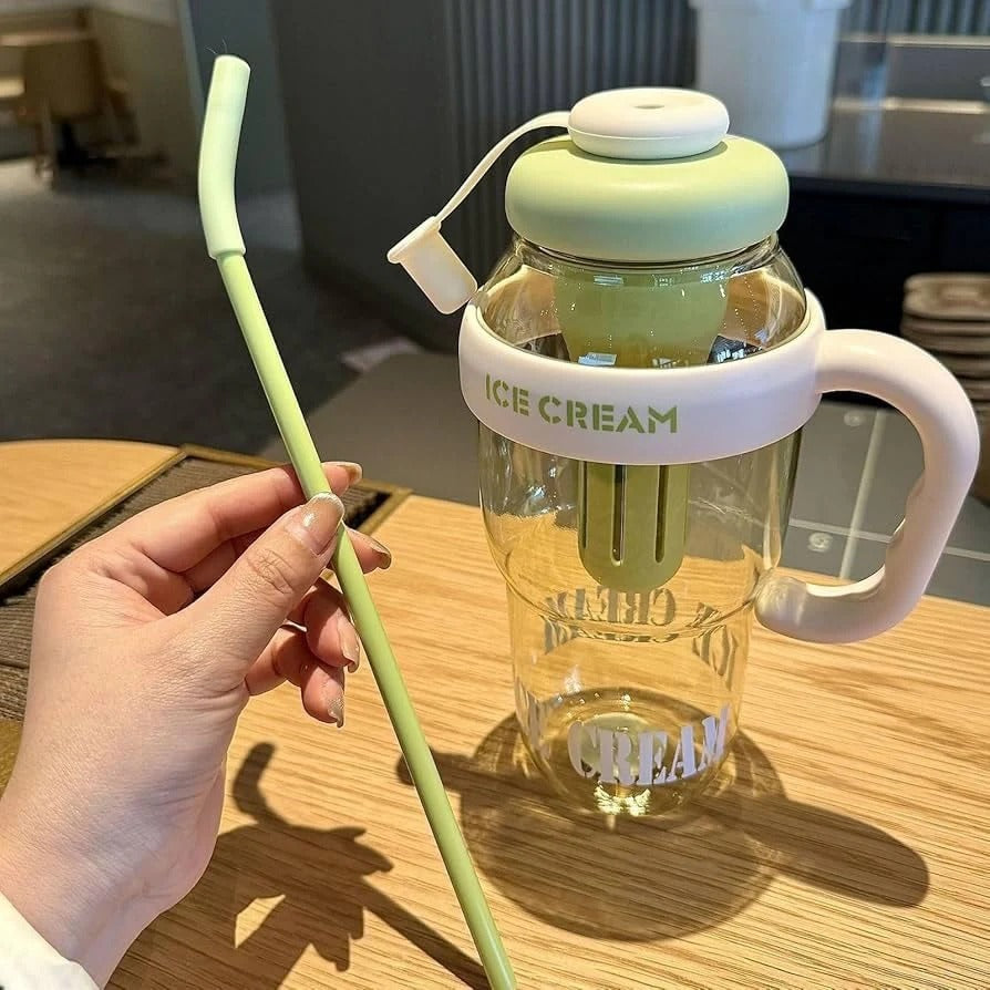 Ice Cream Tumbler Bottle with Straw & Handle | Cute Transparent Water Bottle