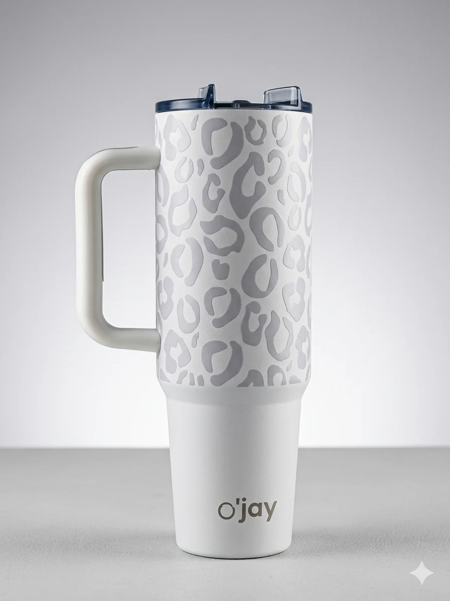 O’jay Arctic Leopard Tumbler – 40oz- 50oz - 1500ml | Stylish Stainless Steel, Leak-Proof, White & Grey Print | 217 / 24hr cold and hot water
